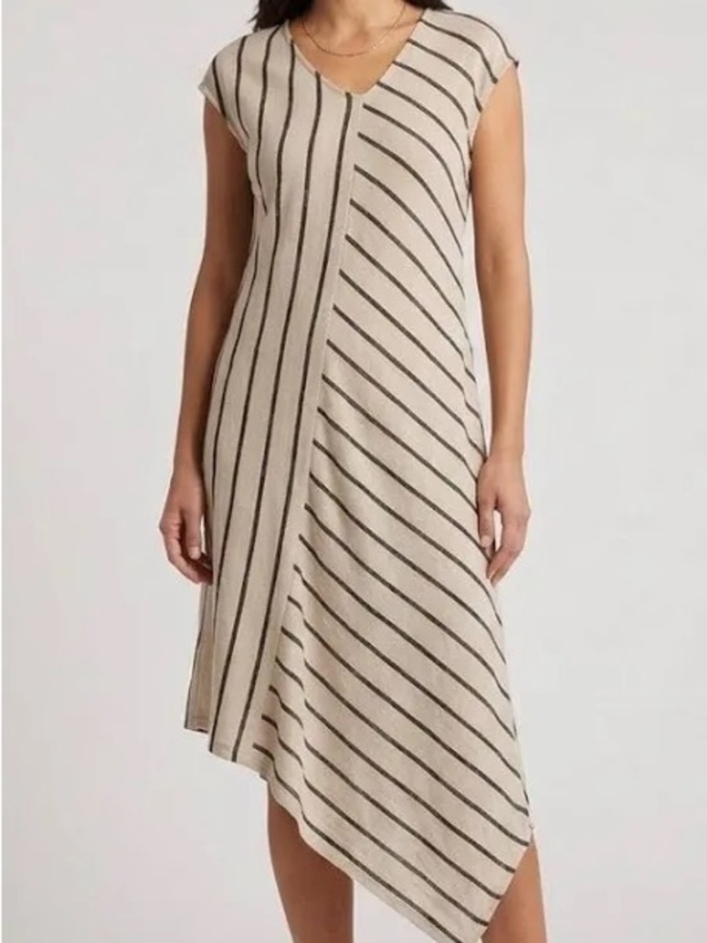 Tahari Cream and Black Linen Blend Asymmetrical Striped Midi Dress